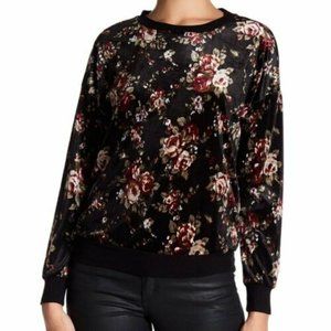 Bobeau Black Floral Print Velour Pullover Sweater